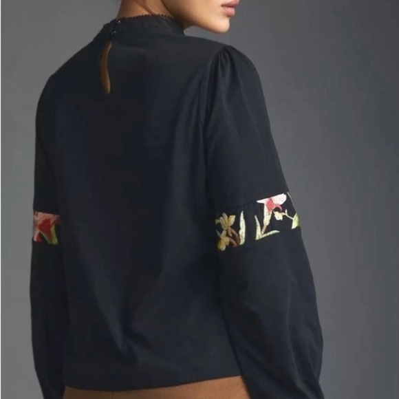 Anthropologie Tiny Floral Embroidered Black Top - Picture 4 of 11